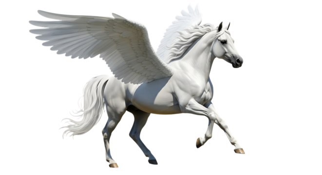 Majestic white winged horse Pegasus, in motion with flowing mane and tail, isolated on transparent background, PNG