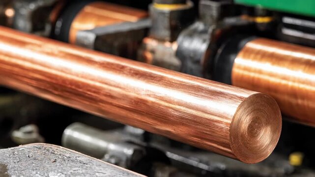 Mechanical copper rod rolling captured midaction focusing on automated rollers gripping solid copper rods demonstrating efficient manufacturing process in metalworking.