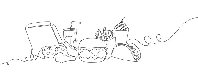 Fast food, hamburgers, cola, pizza, fried chicken, tacos in one continuous line. vector drawing. Editable stroke.