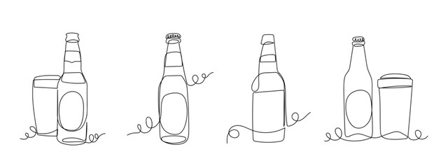 Set of beer bottles and beer glasses in one continuous line. vector drawing. Editable stroke.