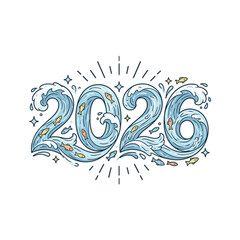 2026 Ocean Waves and Fish Typography Vector Illustration