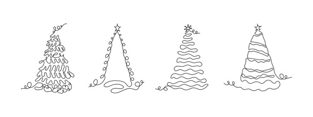 Set of minimalist Christmas trees in one continuous line. vector drawing. Editable stroke.