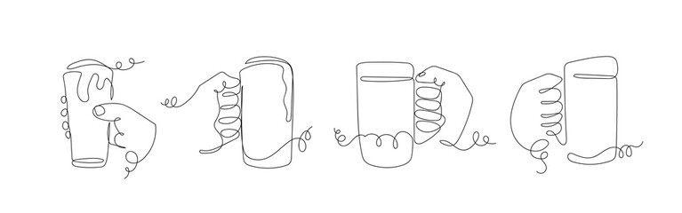 Set of hands holding beer glasses in one continuous line. vector drawing. Editable stroke.