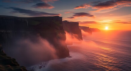 Dramatic Cliffs of Moher at Sunset with Sea Mist.