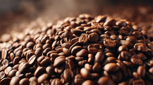 Macro shot of freshly roasted coffee beans with soft steam and warm lighting emphasizing natural texture aroma and rich brown tones