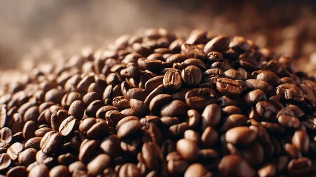 Roasted coffee beans close up aromatic brown grains macro texture hot steam morning beverage background