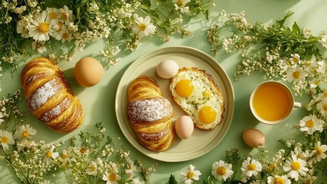 Delightful morning meal featuring golden croissants, sunny fried eggs, and fresh juice, all nestled among charming white blossoms on gentle green surface