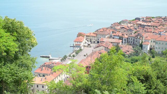 Lake Maggiore, Arona town, Italy. Aerial view of the historic center, Piazza del Popolo and the oldest and most characteristic part of the city of Arona. Summer landscape
