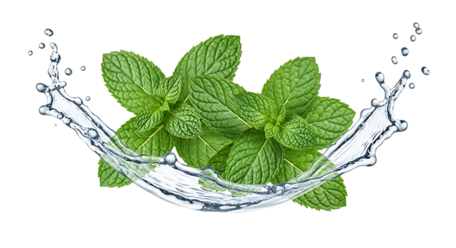 Fresh green mint leaves, with a dynamic water splash, isolated on transparent background, PNG