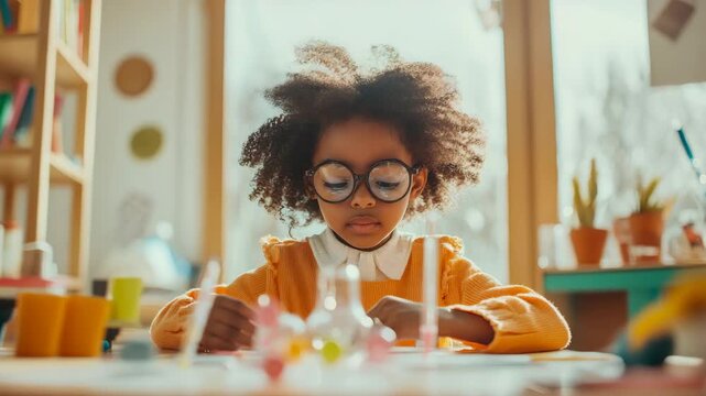 Inquisitive little scholar with round glasses absorbed in vibrant tabletop experiment under soft daylight