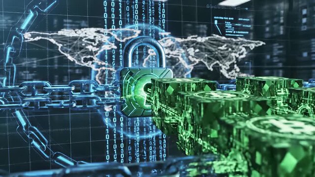 Padlock concept representing global security and digital information protection on a world map, ideal for corporate communications, cybersecurity campaigns, or projects requiring secure and.