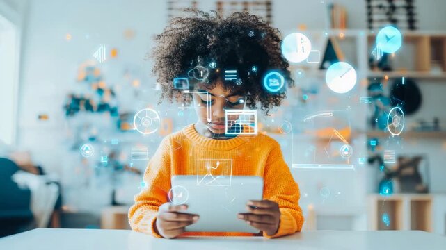 Young child absorbed in dazzling augmented reality world through handheld digital device