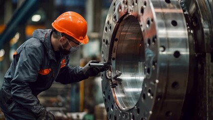 Industrial die maintenance service worker performing precise adjustments on heavy machinery parts guaranteeing consistent manufacturing quality and operational safety.