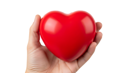 Hand, holding a shiny red heart shape against a dark background, isolated on transparent background, PNG
