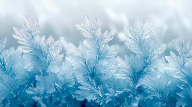 Delicate crystalline formations of winter ice creating abstract frosty fern pattern with ethereal blue hues