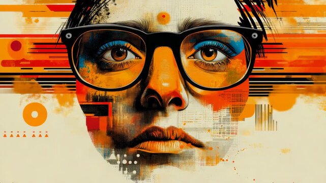 Abstract human countenance with prominent eyewear, presented in striking glitch art aesthetic against vibrant orange and red palette