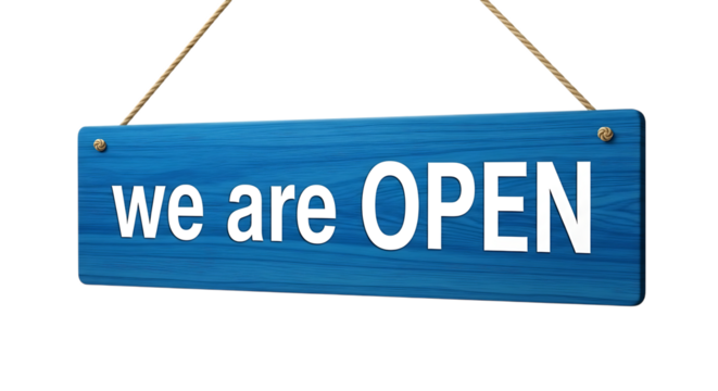 Blue wooden sign, with white text reading "we are O P E N" hanging by rope, isolated on transparent background, PNG