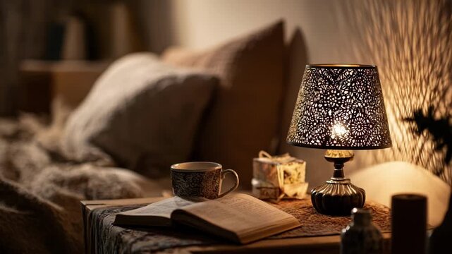 Medium frame capturing a metalbased table lamp with detailed stamped design illuminating a cozy reading nook with soft light.