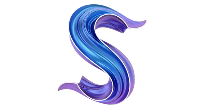 Swirling ribbon shape, with gradient blue and purple hues and white trim, isolated on transparent background, PNG
