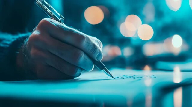 Human hand delicately pens script onto paper, illuminated by cool turquoise glow and soft, warm bokeh lights