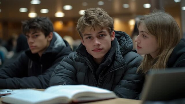 Young individuals gathered at table with open book, one student engaging directly with observer amidst warm, casual indoor environment