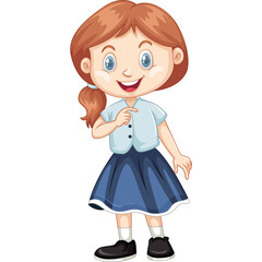 Cheerful Young Girl Standing Confidently in a Blue Skirt and Light Blue Shirt with Brown Hair in a Ponytail and a Friendly Expression