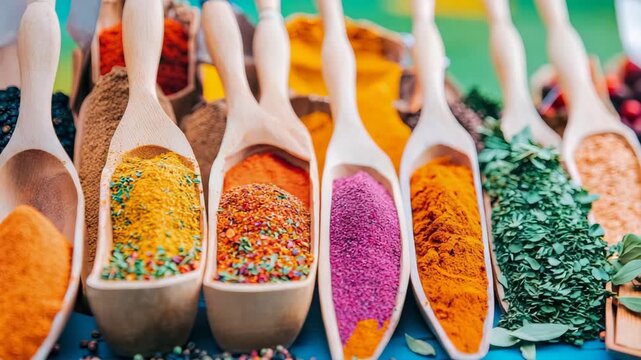 Exotic cooking ingredients: lively spectrum of powdered spices and dried green herbs in artisan wood scoops