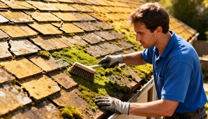 Medium shot of a worker scrubbing green moss off a weathered shingle roof using a stiff brush on a sunny day