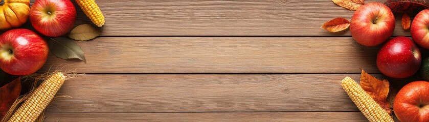 Obraz premium Fresh red apples and autumn leaves arranged on a rustic wooden surface.