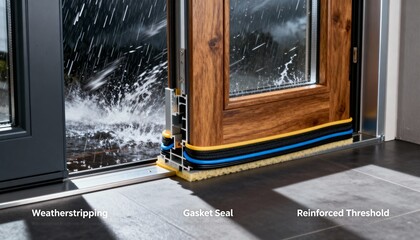 Medium shot showing advanced sealing techniques on doors and frameworks to prevent water intrusion during intense weather events.