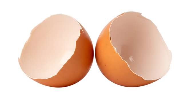 Two halves of a cracked brown eggshell, with white interior facing forward, isolated on transparent background, PNG