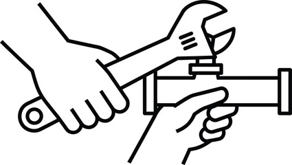 Plumber screwing plumbing fittings with a wrench icon