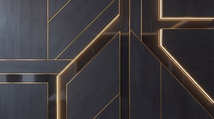 Naklejka premium Opulent Dark Grey Geometric Panels with Glowing Golden Lines Creating a Modern Art Deco Abstract Background or Luxury Interior Design Element.