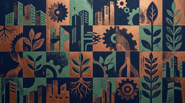 Industrial Ecology Balance: Grid of Stylized Copper & Teal Icons Depicting Sustainable Urban Development and Green Manufacturing