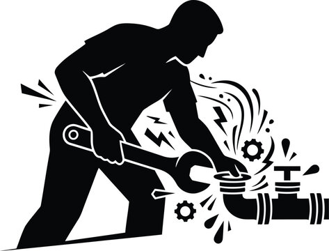 Plumber silhouette connecting pipe fittings with a wrench