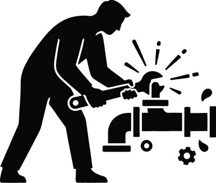 Plumber silhouette connecting pipe fittings with a wrench