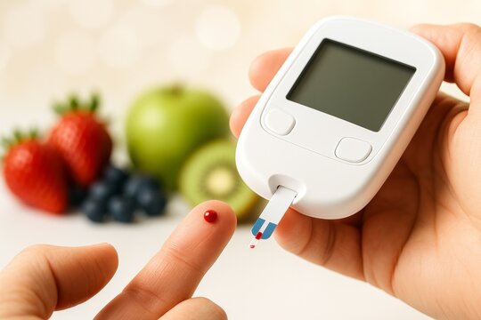 Checking blood sugar levels with a glucometer while surrounded by fresh fruits in a bright kitchen