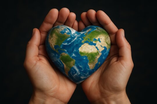 Hands cradling a heart-shaped Earth symbolize love for our planet and commitment to environmental preservation - Powered by Adobe