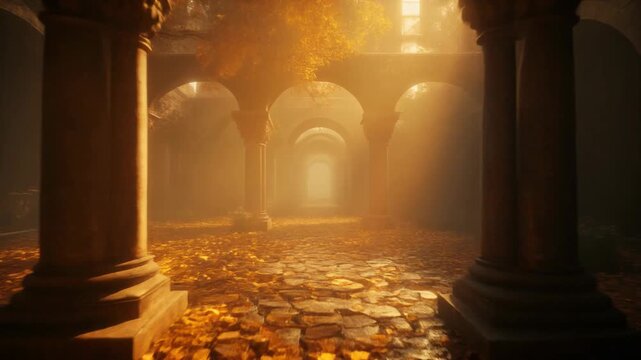 Ancient arched corridor with pillars and sunlight streaming through