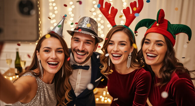 Happy friends taking a selfie at a Christmas party with confetti. Group of young people celebrating New Year's Eve in festive costumes - Powered by Adobe