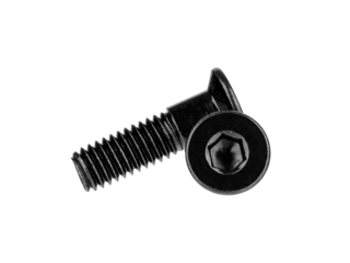 Black metal countersunk hex screw isolated on white. Suitable for mechanical repair, industrial design, construction tools, parts catalogs and engineering resources.