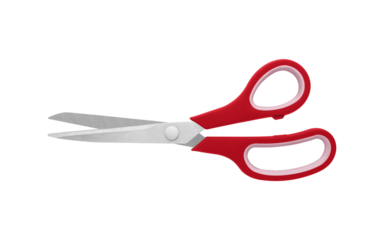 A pair of Red handled scissors in open position on a white background, with sharp metal blades and comfortable grips. Perfect for cutting tasks in office or craft settings, isolated view.