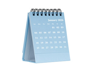 Desktop calendar for january 2026 in blue colour. Mini planner for business and finance, spiral view on isolated white background close up.
