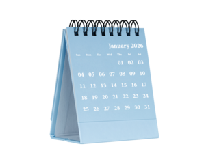 Desktop calendar for january 2026 in blue colour. Mini planner for business and finance, spiral view on isolated white background close up.
