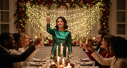 A smiling woman in a green dress makes a toast with champagne at a Christmas dinner party. Diverse group of friends celebrating the holidays. New Year's Eve celebration