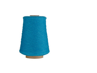 A Blue thread spool with a smooth texture, wound on a cardboard bobbin, isolated on a white background. Perfect for sewing, embroidery, or craft projects, this serene thread adds a calming