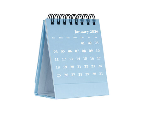 Desktop calendar for january 2026 in blue colour. Mini planner for business and finance, spiral view on isolated white background close up. - Powered by Adobe