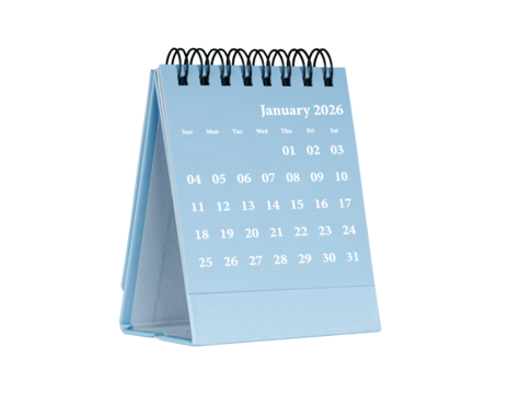 Desktop calendar for january 2026 in blue colour. Mini planner for business and finance, spiral view on isolated white background close up.
