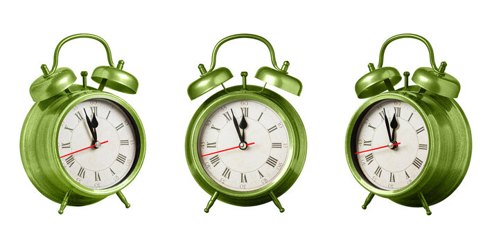 set collection retro clock, watch, pointer clock, Green color alarm clock on isolated white background close up