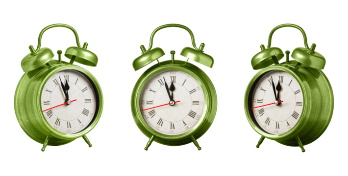 set collection retro clock, watch, pointer clock, Green color alarm clock on isolated white background close up